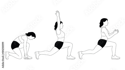 Woman demonstrating dynamic lunges in three stages
