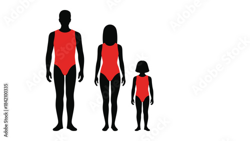 Family in matching red swimsuits standing together