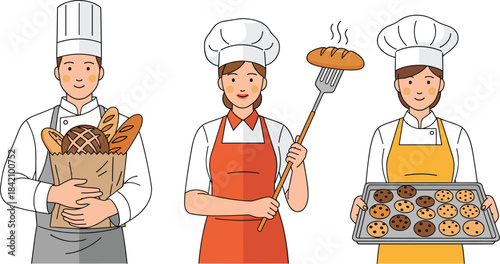 Professional bakers holding fresh bread and cookies, showcasing bakery products and baking tools in a clean vector illustration.