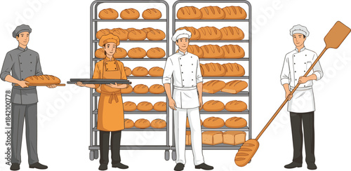 Professional bakers preparing fresh bread loaves in a bakery with racks and baking tools in a detailed vector illustration.