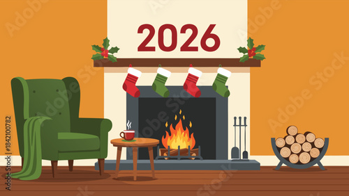 A cozy living room interior with a luxurious Christmas fireplace and warm furniture decor
