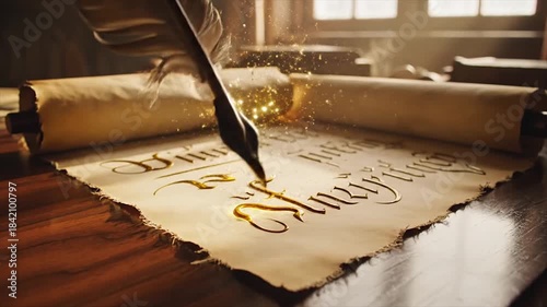 Quill pen writing on old parchment scroll with ink.