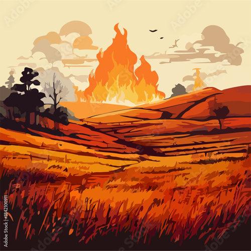 Dramatic wildfire burning dry golden field landscape illustration, blazing flames under cloudy sky