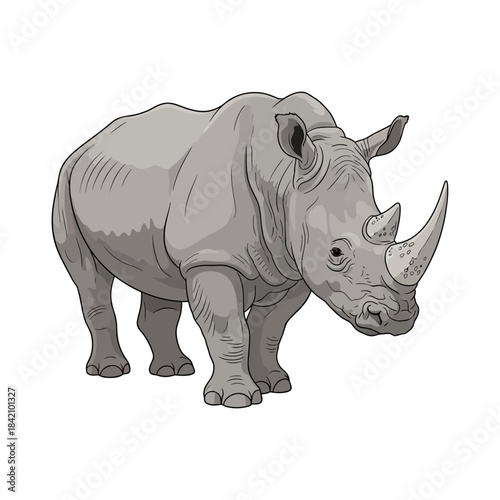 Detailed illustration of a rhinoceros standing, grey tones