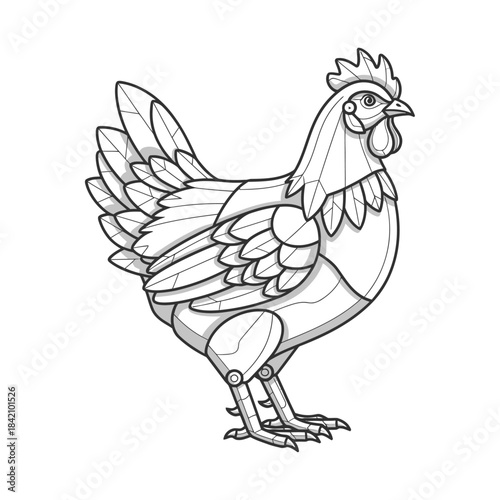 Stylized mechanical chicken illustration in black and white outline