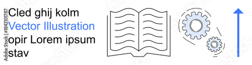 Education, innovation, development, study process, growth, information sharing. Open book with gears and an upward arrow. Education and innovation concept for growth and study