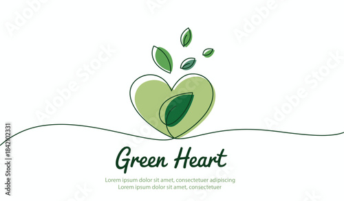 Green heart eco illustration featuring abstract leaves, sustainability concept, nature protection design, organic growth symbol, environmental care graphic for eco branding.
