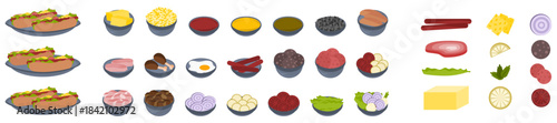 Vector isolated food items of hotdogs with ingredients such as lettuce, onion, tomatoes, cheese, sausage, butter, meat and eggs  