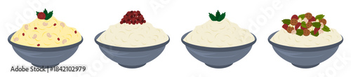 Vector isolated food items of bowls of rice with Asian cuisines 