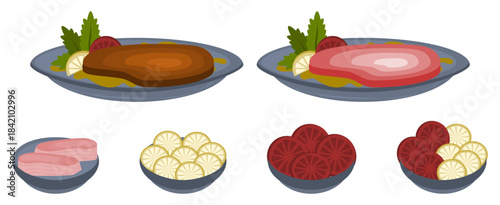 Vector isolated food items of  meat dish with ingredients 