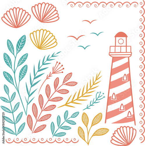 Lighthouse and seaside botanical elements Vector