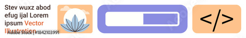 Mindfulness, web development, progress tracking, coding, technology icons, design . Lotus flower, progress bar and coding brackets in a minimal flat style. Mindfulness and web development concept