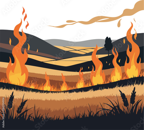 Blazing wildfire in dry countryside field minimal vector landscape illustration, flames spreading across golden grass.