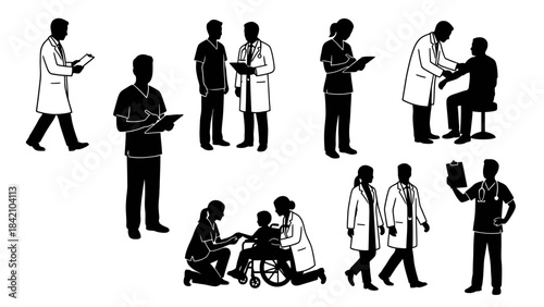 Vector Medical Professional Silhouettes – Healthcare Workers in Action for Patient Care, Collaboration, Diagnosis, and Hospital Scene Graphics in Black and White