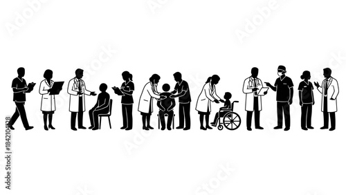 Vector Medical Professional Silhouettes – Healthcare Workers in Action for Patient Care, Collaboration, Diagnosis, and Hospital Scene Graphics in Black and White