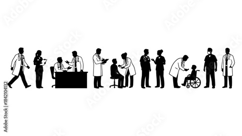 Vector Medical Professional Silhouettes – Healthcare Workers in Action for Patient Care, Collaboration, Diagnosis, and Hospital Scene Graphics in Black and White