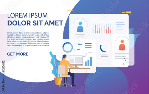 Business people working on computers and sample text