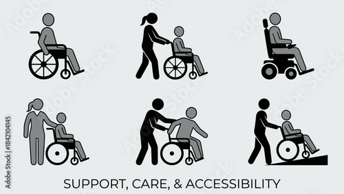 Vector Accessibility Icons – Wheelchair Users and Caregiver Support Scenes for Disability Awareness, Mobility Assistance, Inclusive Design, and Healthcare Graphics