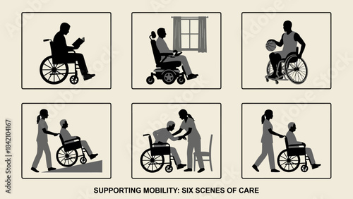 Vector Accessibility Icons – Wheelchair Users and Caregiver Support Scenes for Disability Awareness, Mobility Assistance, Inclusive Design, and Healthcare Graphics