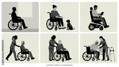 Vector Accessibility Icons – Wheelchair Users and Caregiver Support Scenes for Disability Awareness, Mobility Assistance, Inclusive Design, and Healthcare Graphics