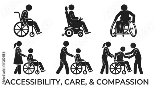 Vector Accessibility Icons – Wheelchair Users and Caregiver Support Scenes for Disability Awareness, Mobility Assistance, Inclusive Design, and Healthcare Graphics