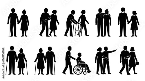 Vector Elderly Silhouette Illustrations – Seniors with Mobility Aids and Companionship Scenes for Aging Awareness, Caregiving Graphics, and Social Support Design