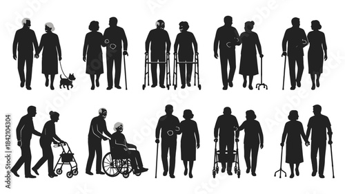 Vector Elderly Silhouette Illustrations – Seniors with Mobility Aids and Companionship Scenes for Aging Awareness, Caregiving Graphics, and Social Support Design