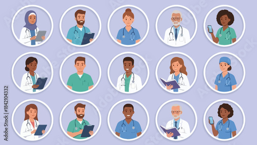 Vector Medical Portraits – Diverse Healthcare Professionals in Circular Frames for Hospital Graphics, Team Profiles, and Clinical Staff Design Themes
