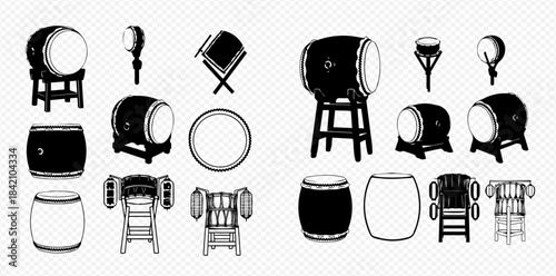 Set of traditional Japanese taiko drums and drumsticks in black and white vector illustration.