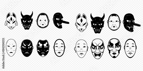 Set of traditional Japanese masks in black and white illustration style, including Hannya, Kitsune, Okame, and Tengu.