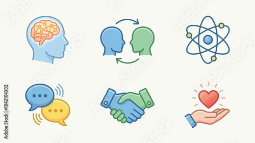 Vector Human Values Icons – Intelligence, Communication, Science, Compassion, and Cooperation Graphics for Education, Social Awareness, and Dialogue-Driven Design Themes