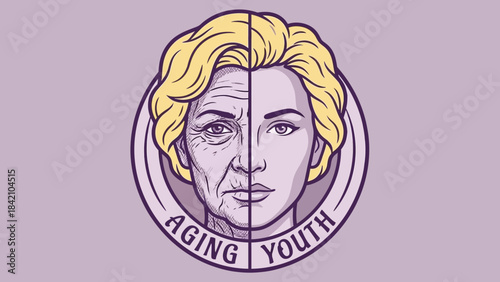 Vector Aging vs Youth Illustration – Split-Face Portrait Depicting Time’s Tapestry for Life Journey, Aging Awareness, and Human Transformation Design Themes