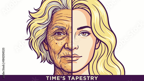 Vector Aging vs Youth Illustration – Split-Face Portrait Depicting Time’s Tapestry for Life Journey, Aging Awareness, and Human Transformation Design Themes