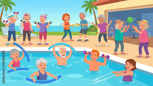 Vector Senior Wellness Center Illustration – Active Aging Scenes with Water Aerobics, Yoga, and Exercise for Health Promotion, Community Engagement, and Fitness Design