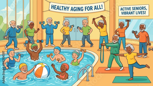 Vector Senior Wellness Center Illustration – Active Aging Scenes with Water Aerobics, Yoga, and Exercise for Health Promotion, Community Engagement, and Fitness Design