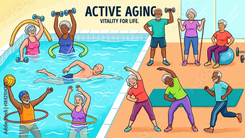 Vector Senior Wellness Center Illustration – Active Aging Scenes with Water Aerobics, Yoga, and Exercise for Health Promotion, Community Engagement, and Fitness Design