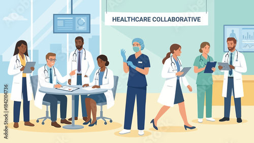 Vector Healthcare Team Illustration – Doctors, Nurses, and Medical Staff Collaborating for Hospital Graphics, Clinical Communication, and Professional Medical Design Themes