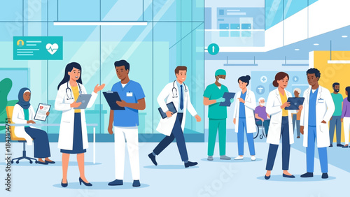 Vector Healthcare Team Illustration – Doctors, Nurses, and Medical Staff Collaborating for Hospital Graphics, Clinical Communication, and Professional Medical Design Themes