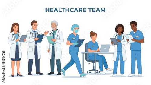 Vector Healthcare Team Illustration – Doctors, Nurses, and Medical Staff Collaborating for Hospital Graphics, Clinical Communication, and Professional Medical Design Themes
