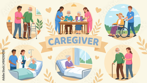 Vector Caregiver Scenes – Elderly Support and Healthcare Assistance Illustrations for Aging Awareness, Compassionate Design, and Senior Living Graphics