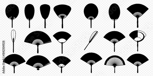 Collection of traditional Japanese handheld fans in various shapes and styles, black silhouettes on a transparent background.