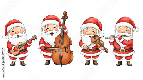 Four cartoon santa clauses playing musical instruments on transparent background with joyful expressions