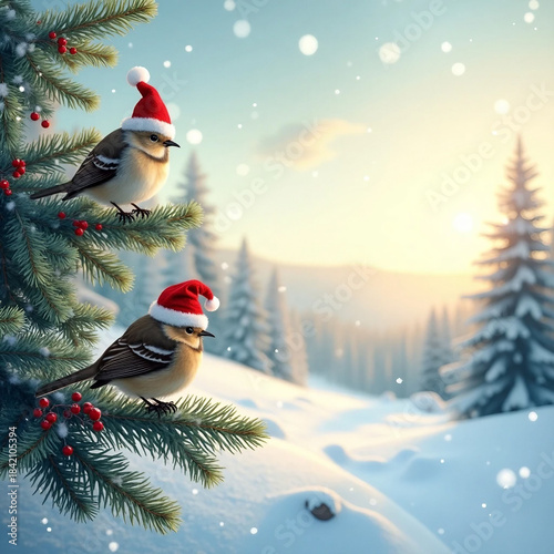 Two Robins Wearing Santa Hats Perched on a Snowy Christmas Tree