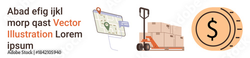 E-commerce, shipping logistics, supply chain, delivery services, warehouse management, financial transactions. Map with location pin, pallet jack with boxes and dollar coin. E-commerce and shipping