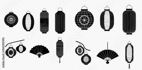 Set of various black and white Asian lanterns and traditional fans for decoration.