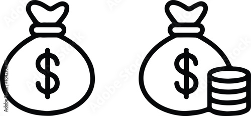 money bag icon duo coin stack and money bag vector set