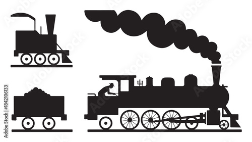 Vintage steam train locomotive silhouette set for transport and railway concepts