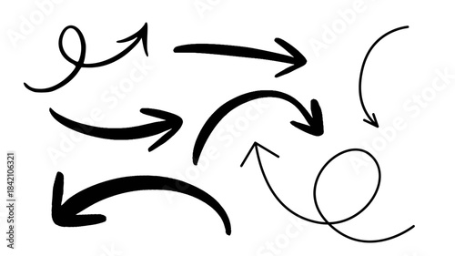 A set of decorative curved and swirly arrows ideal for creative illustrations, planners, presentations, mind maps, and hand-drawn style designs.