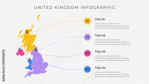 United Kingdom map infographic template with 4 options. United Kingdom political map infographic for presentation.