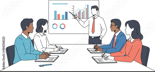 Business team collaborating around a conference table reviewing data charts and progress